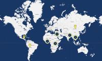 Et grafisk verdenskort viser hvor projekter under Handicappuljen finder sted - primært i Afrika, Asien og et par i Sydamerika